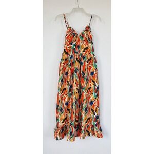 Commense Abstract Print Midi Dress XS Multi Color Ruffle Hem Boho Tropical Artsy